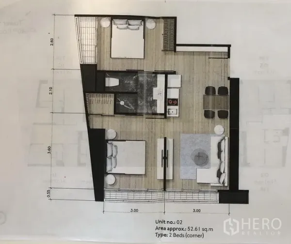 公寓 出售在Khlong Toei, Bangkok - 52平米两卧一卫转角户型平面图，含客餐厅与开放式厨房。