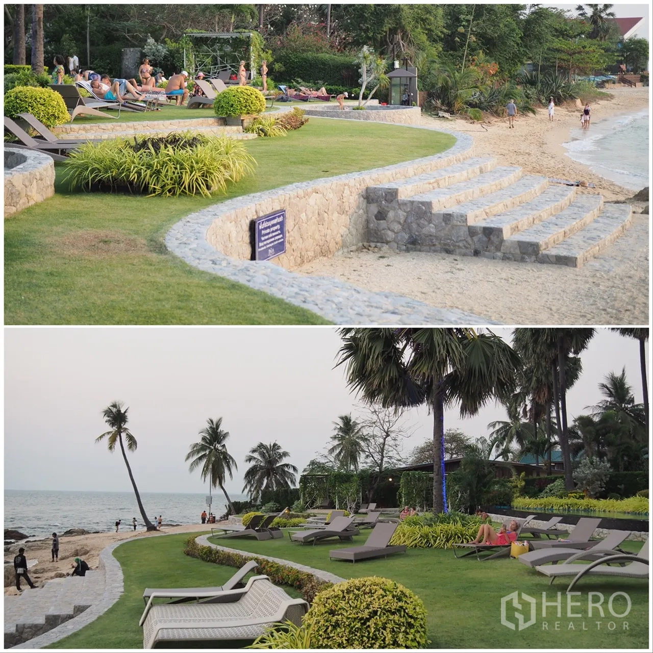Condominium for rent in Bang Lamung, Chon Buri - Landscaped beachfront lawn with sun loungers, stone steps and palm trees beside the sandy shore.