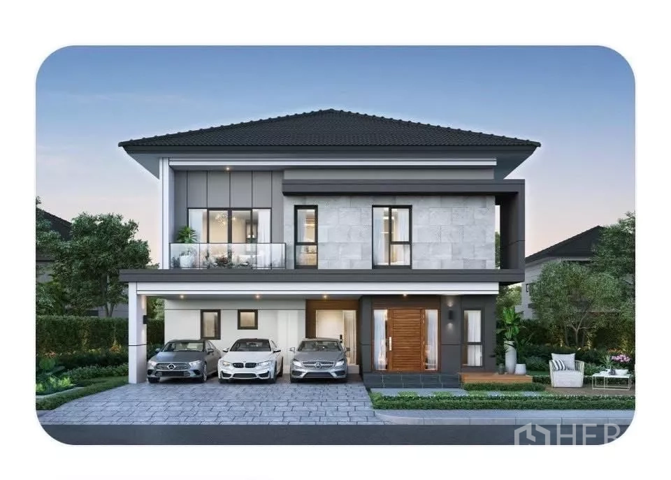 独立式住宅 出租在Bang Phli, Samut Prakan - 别墅项目效果图展示双层立面、宽阔车道与阳台。