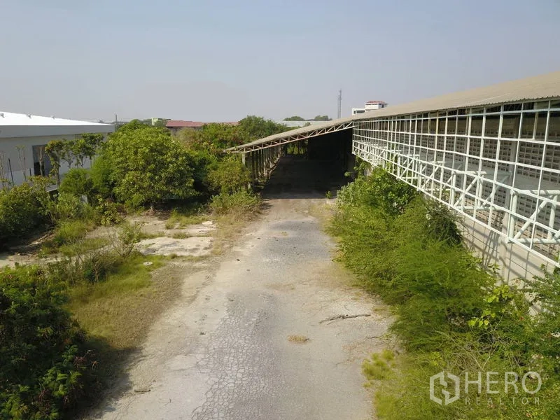 Factory for sale in Samut Prakan - Covered loading bay and driveway running along the side of the warehouse.