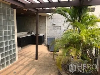 Townhouse for rent or sale in Yan Nawa, Bangkok - Rooftop terrace with pergola, outdoor sink and potted palms.