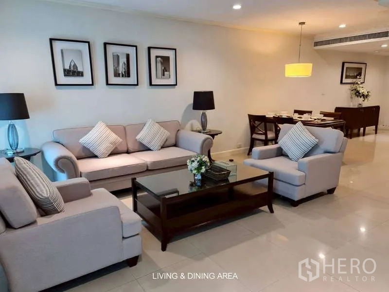 Retail Space for rent in Watthana, Bangkok - Living and dining area with sofa set and six-seat dining table