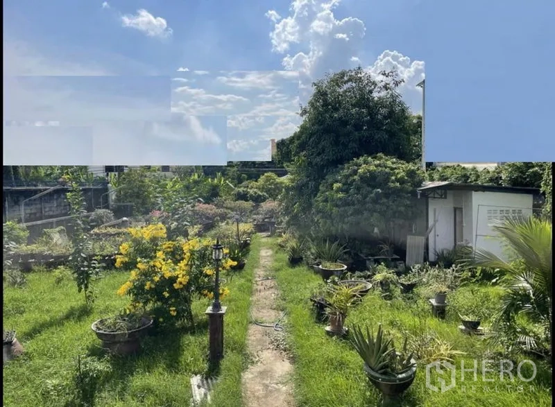 Land for sale in Suan Luang, Bangkok - Sunny land plot with lush planting, a footpath and a compact utility shed.