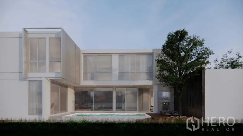 Land for sale in Prawet, Bangkok - Rear façade render with floor‑to‑ceiling windows overlooking a small private pool and garden.