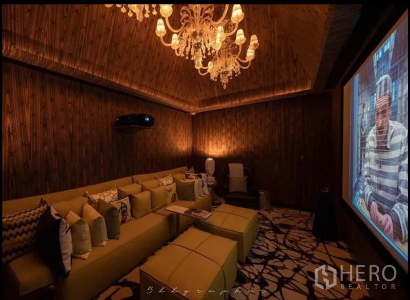 Condominium for rent or sale in Watthana, Bangkok - Private cinema room with projector, large screen and chandelier.