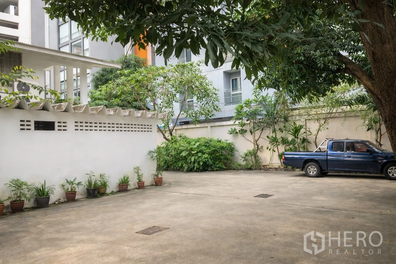 Retail Space for rent in Watthana, Bangkok - Spacious on‑site parking area with shade trees and perimeter wall at a Sukhumvit retail property.