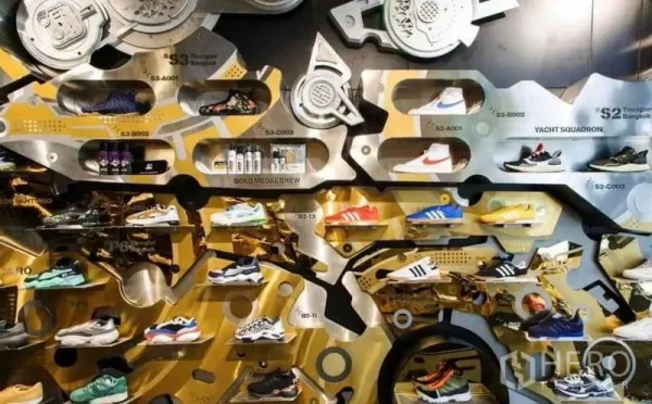 Shophouse for rent in Khlong Toei, Bangkok - Close-up of gold and silver industrial-style display wall showcasing sneakers.