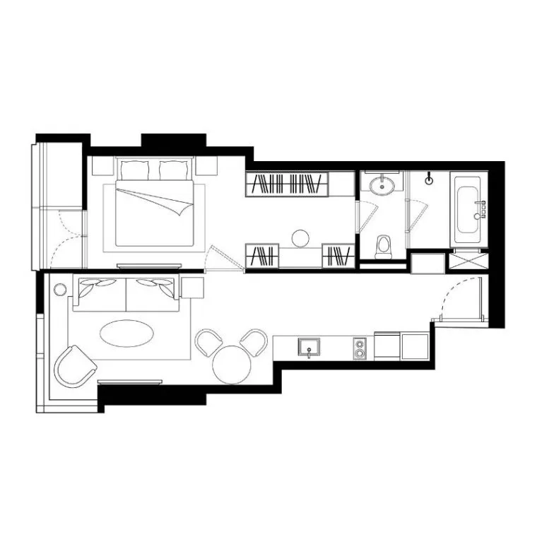 คอนโด for rent in Khlong Toei, Bangkok - ผังห้องคอนโด 1 ห้องนอน พร้อมห้องนั่งเล่นแยก ครัว และห้องน้ำ