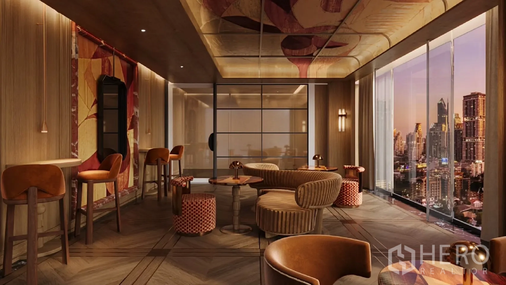 Condominium for rent - Sky lounge with warm decor, panoramic sunset city views, and bistro-style seating.