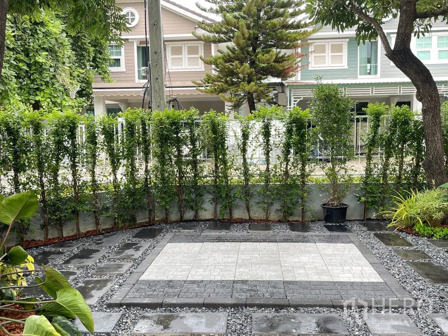 บ้านเดี่ยว for rent in Bang Phli, Samut Prakan - สวนหน้าบ้านปูแผ่นทางเดิน มีแนวไม้พุ่มและมองเห็นบ้านฝั่งตรงข้าม