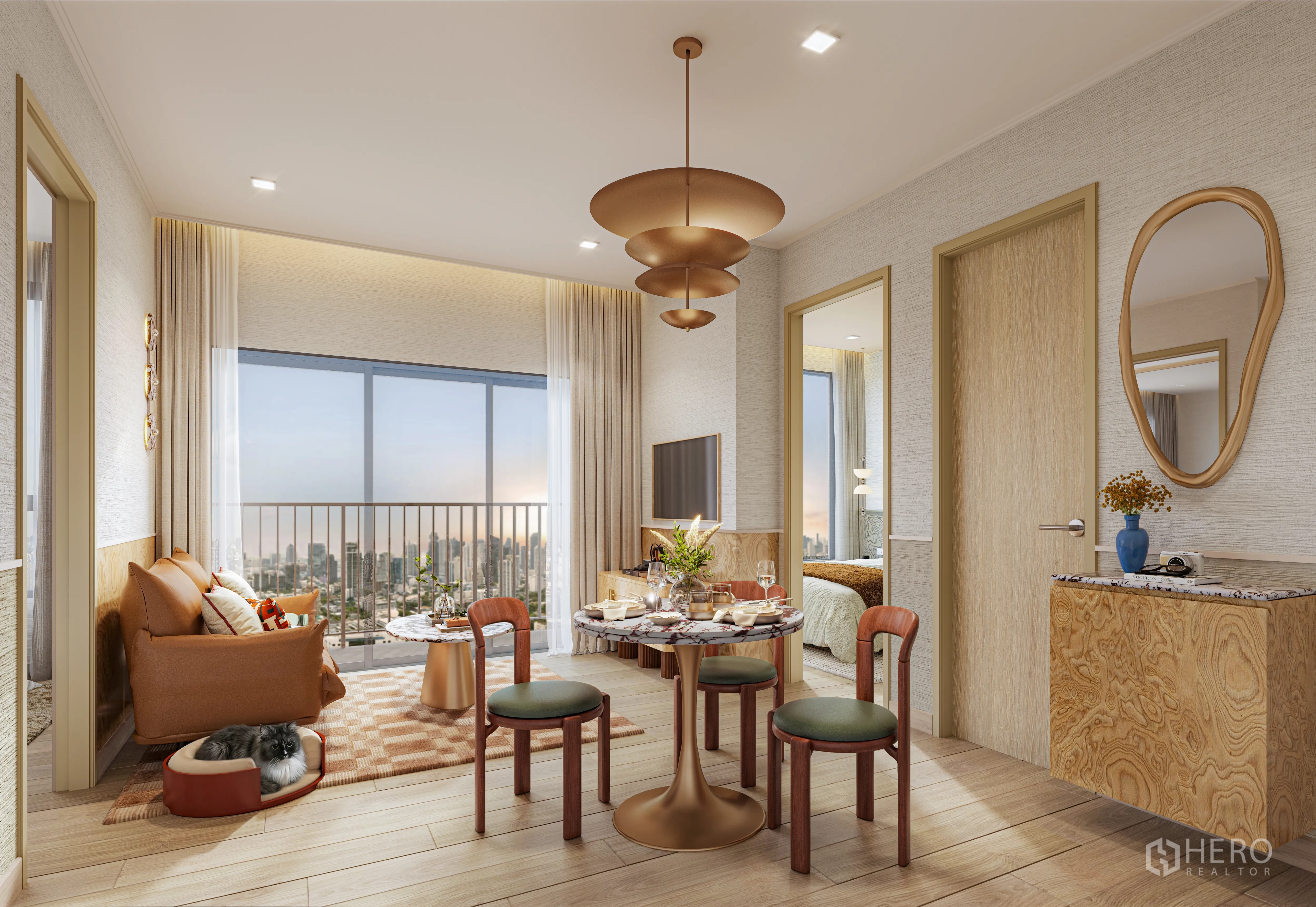 คอนโด for sale in Watthana, Bangkok - ห้องนั่งเล่นและทานอาหารสว่างโปร่ง มีระเบียงชมวิวเมือง โต๊ะทานอาหารทรงกลม โคมไฟเพดาน พื้นไม้ และประตูเชื่อมสู่ห้องนอน