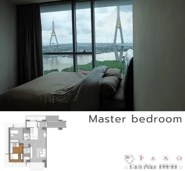 公寓 出租或出售在Yan Nawa, Bangkok - 主卧可欣赏河景与普密蓬大桥全景