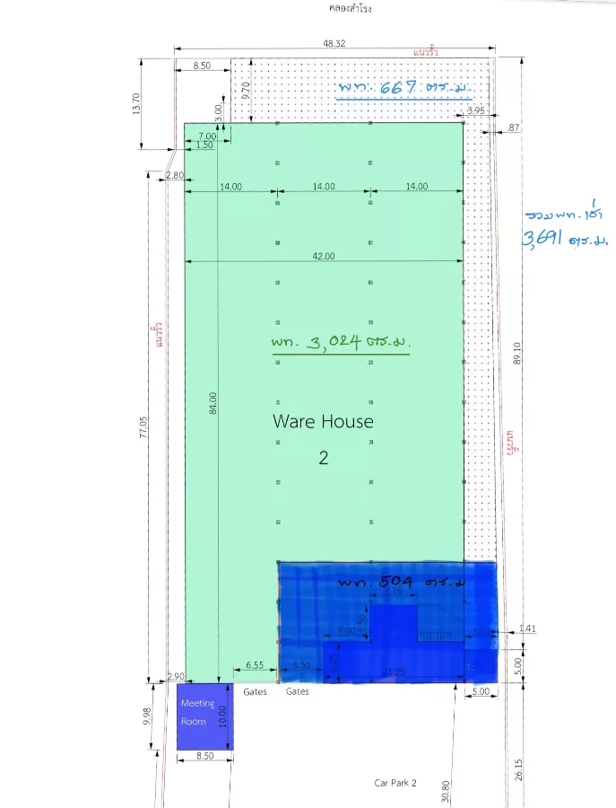 Factory for rent in Bang Phli, Samut Prakan - Site plan showing a 3,700 sq.m factory with warehouse and office layout, gates and parking dimensions.