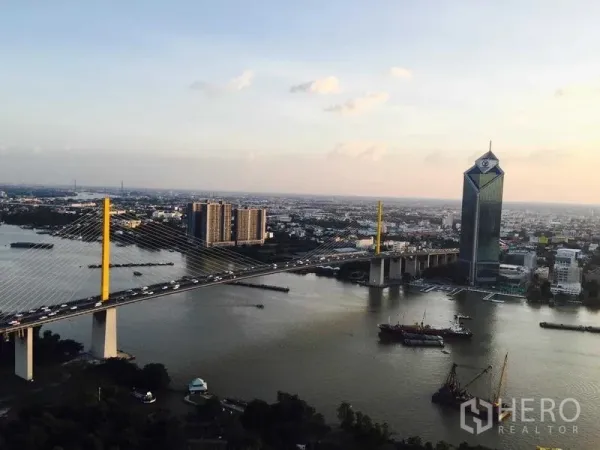คอนโด ขาย - พาโนรามาวิวสะพานแบบสายเคเบิลเหนือแม่น้ำเจ้าพระยาและเส้นขอบฟ้า