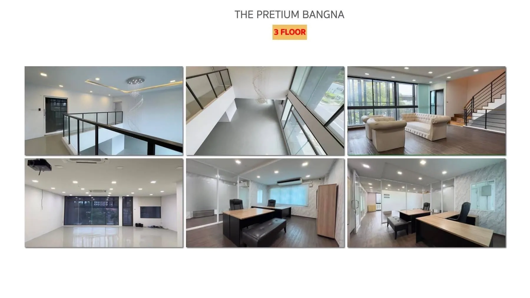 Home Office for rent or sale in Bang Phli, Samut Prakan - Photo collage of third‑floor areas with mezzanine, lounge and offices.
