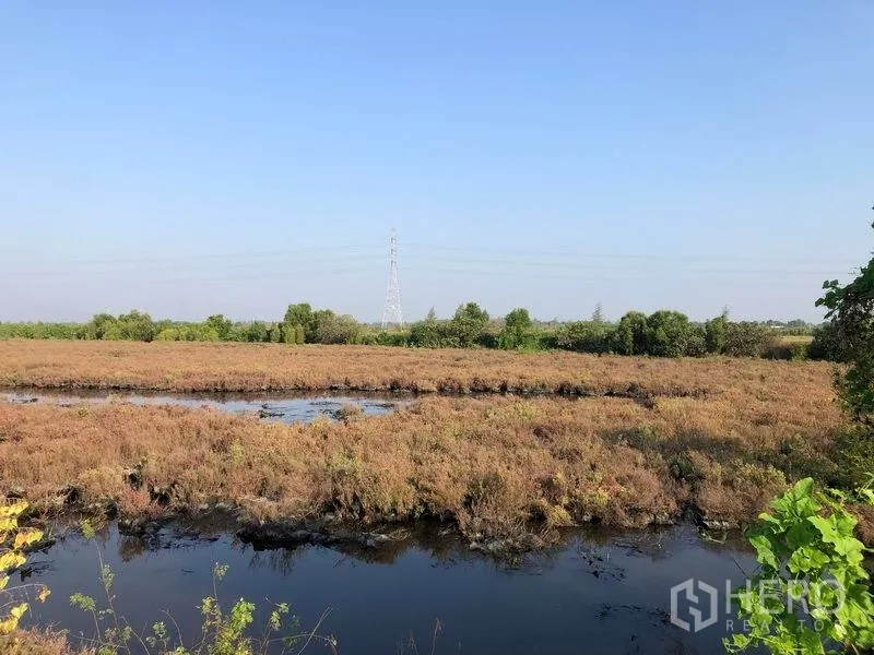 Land for sale in Mueang Samut Sakhon, Samut Sakhon - Close view of canal cutting through open fields with trees and a power tower beyond.