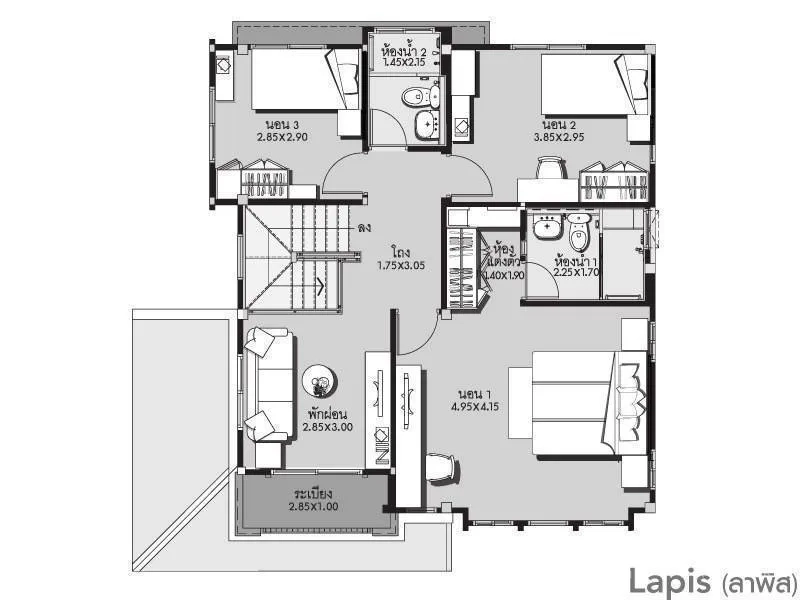 Detached House for sale in Bang Kapi, Bangkok - Second-floor plan of a 3-bedroom detached house showing family area, bathrooms and a balcony.