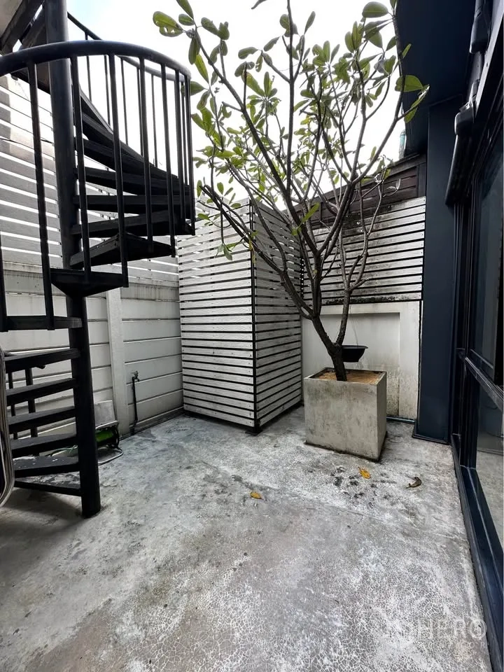联排别墅 出租在Pak Kret, Nonthaburi - 私家庭院，螺旋楼梯、白色格栅围栏与绿植盆栽。