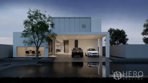 Land for sale in Prawet, Bangkok - Evening render of a modern two‑storey home concept with covered carport and a tree at the front.