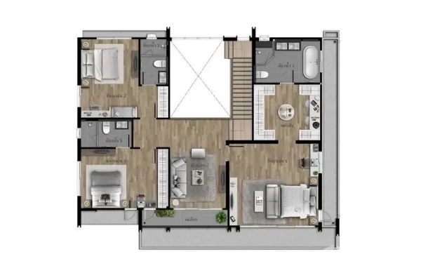 Detached House for sale in Bang Kapi, Bangkok - Second floor plan with master suite featuring walk-in closet and bathtub, family lounge, balconies and additional en-suite bedrooms.