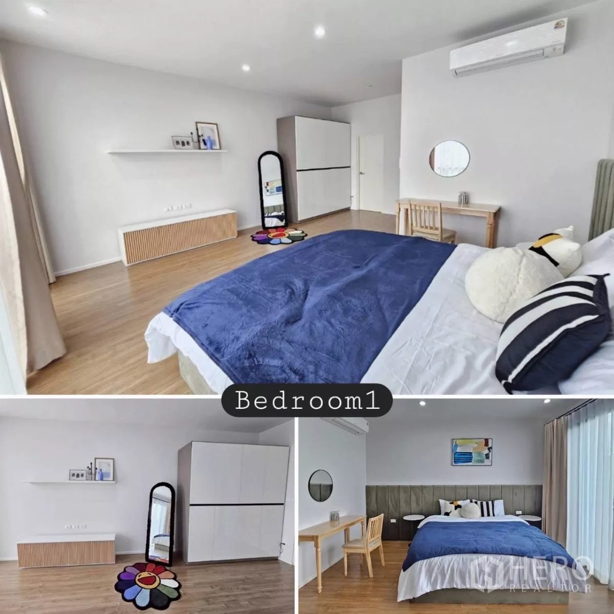 Townhouse for rent in Saphan Sung, Bangkok - Spacious primary bedroom with king bed, wardrobe and workstation.