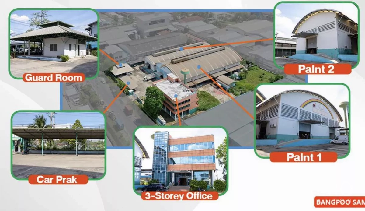 โรงงาน ขายในSamut Prakan - ภาพมุมสูงผังโรงงานในสมุทรปราการ เน้นโรงงาน 2 อาคาร ป้อมยาม ลานจอดรถมีหลังคา และอาคารสำนักงาน 3 ชั้น