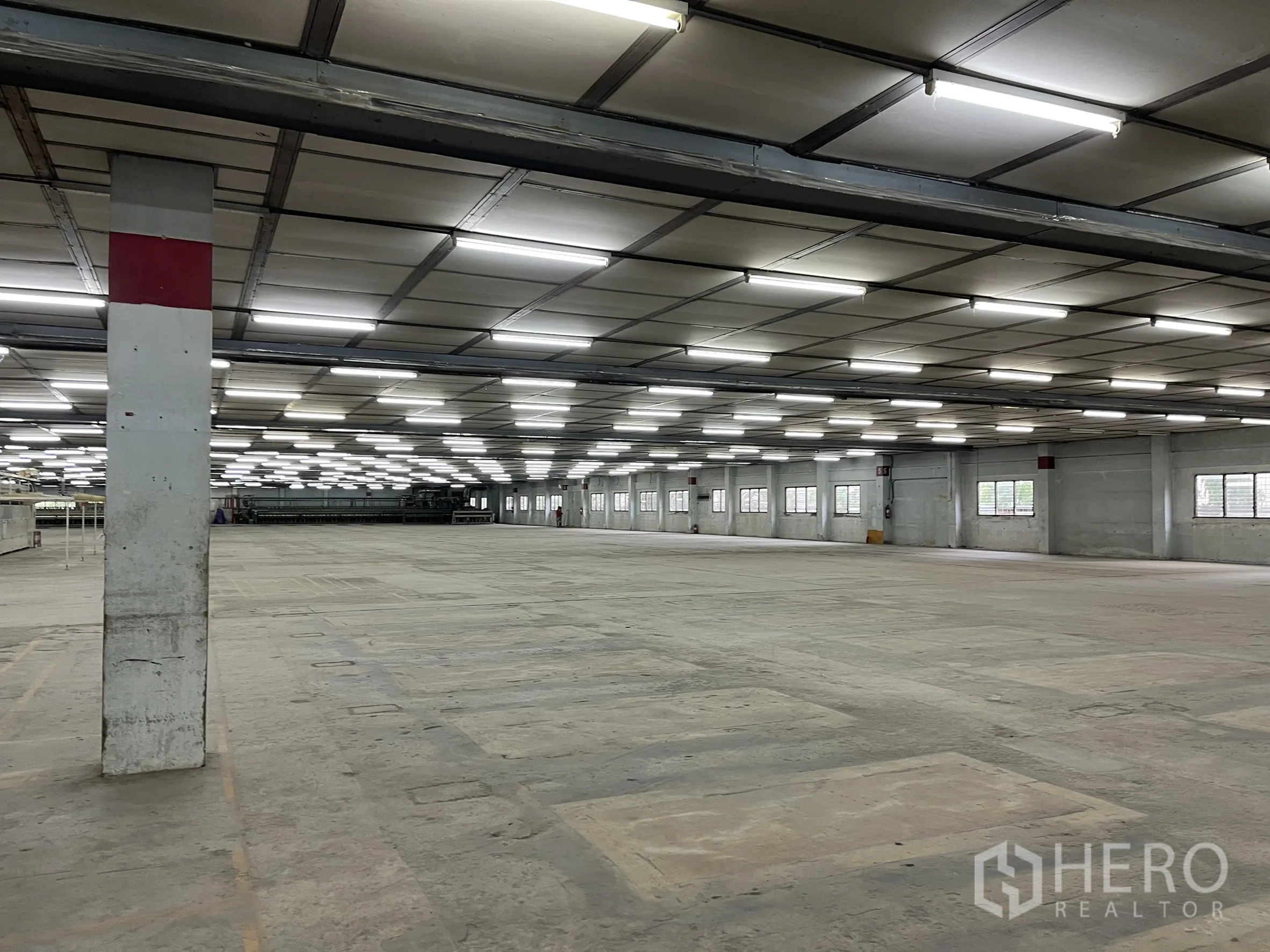 Factory for rent in Phra Samut Chedi, Samut Prakan - Spacious warehouse bay showing marked concrete flooring and structural columns.