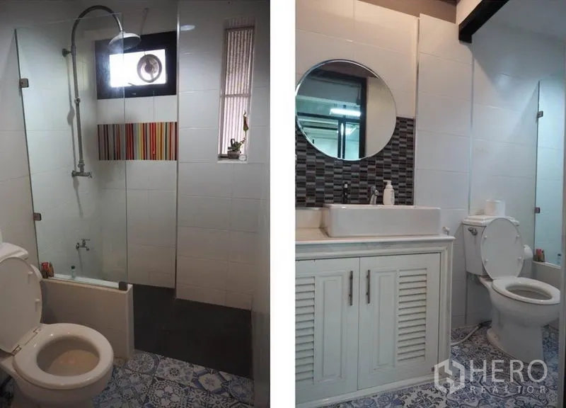 Home Office for rent in Lat Phrao, Bangkok - Two modern bathrooms, one with a glass shower and another with vanity and mosaic backsplash.