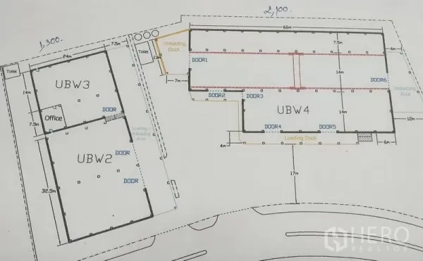 Warehouse for rent in Chon Buri - Floor plan of Si Racha warehouse showing UBW2–UBW4 units with office, toilets, and multiple loading and unloading docks.