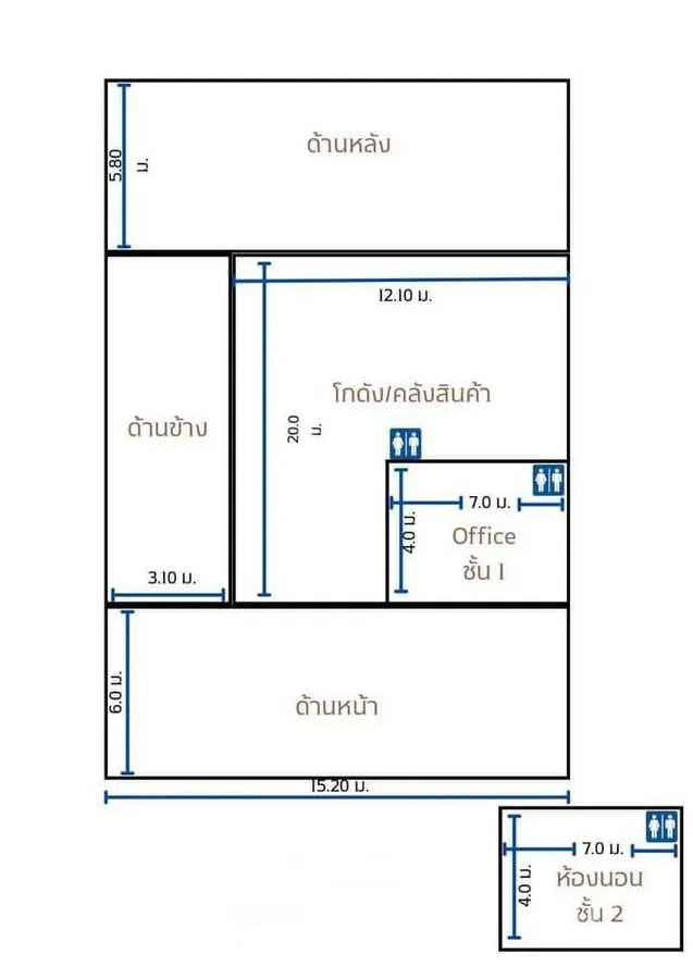 Warehouse for rent or sale in Bang Yai, Nonthaburi - Floor plan of the warehouse showing storage hall, offices and restrooms layout.