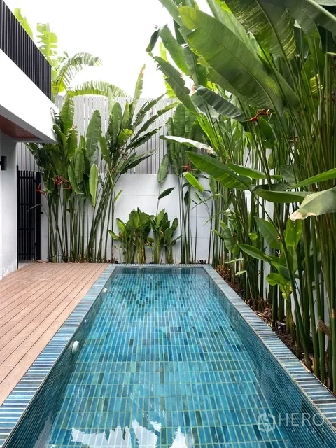 独栋房屋 for rent in Watthana, Bangkok - 私人狭长泳池，蓝色瓷砖，周围高大绿植。
