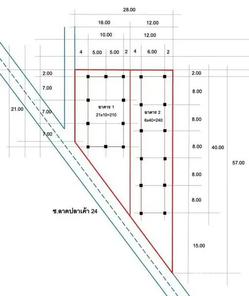 Warehouse for rent in Lat Phrao, Bangkok - Site plan illustrating plot dimensions and the arrangement of warehouse buildings within the lot.