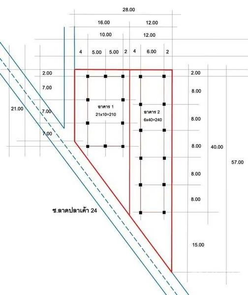 Warehouse for rent in Lat Phrao, Bangkok - Site plan illustrating plot dimensions and the arrangement of warehouse buildings within the lot.