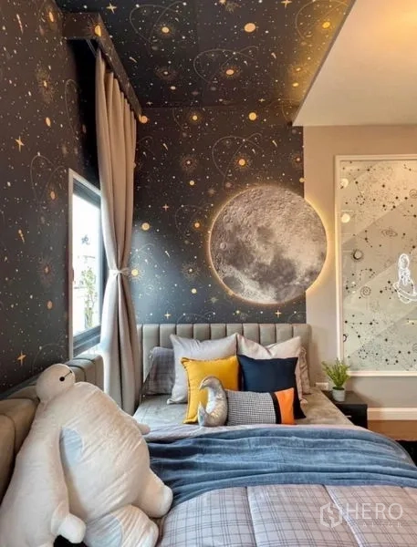Detached House for sale in Bang Phli, Samut Prakan - Children’s bedroom with space-themed wallpaper and moon mural.