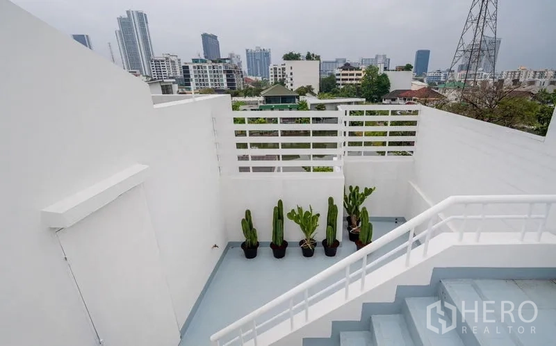 Townhouse for sale - Rooftop terrace with potted cacti and open city skyline views.