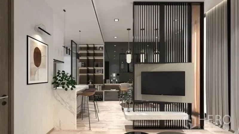 公寓 出租在Watthana, Bangkok - 开放式客厅，带大理石吧台、栅格电视墙和吊灯。