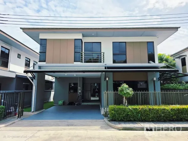 บ้าน ให้เช่าในPrawet, Bangkok - บ้านเดี่ยวสองชั้นสไตล์โมเดิร์น มีโรงจอดรถ 2 คันและรั้วหน้าบ้าน ในเขตประเวศ กรุงเทพฯ