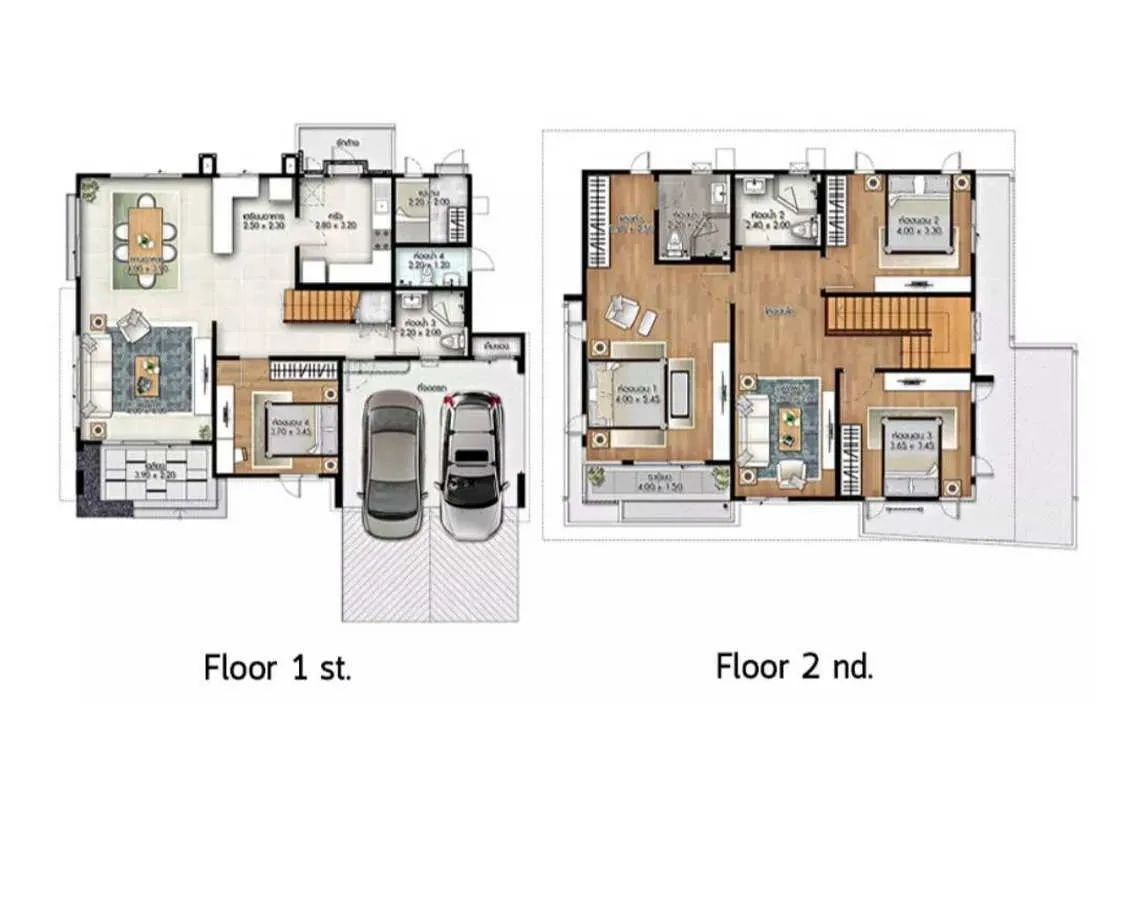 Detached House for rent or sale in Lam Luk Ka, Pathum Thani - Two‑storey floor plan showing bedrooms, living areas and double carport.
