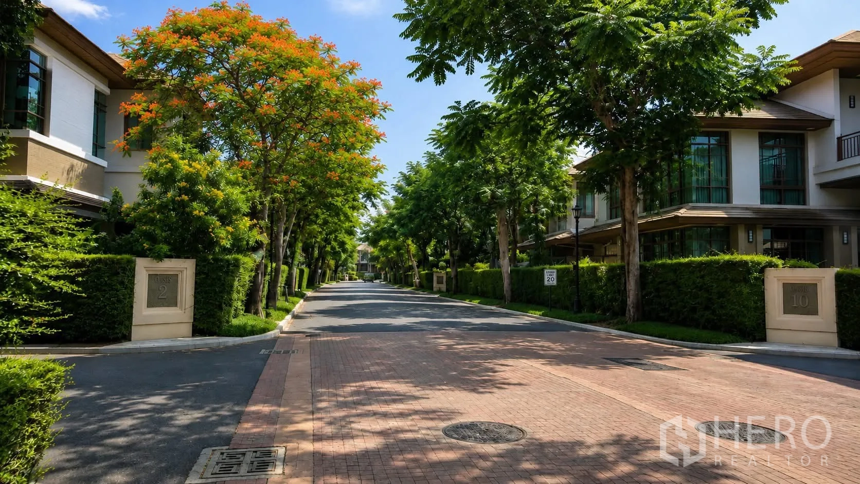 独栋房屋 for rent in Watthana, Bangkok - 社区内林荫住宅道路整洁安静。
