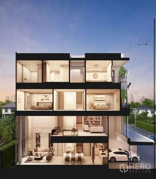 Townhouse for sale - Cross-section view of a multi-level townhouse showing double-height living room, dining area, bedrooms, balcony and ground-floor garage.