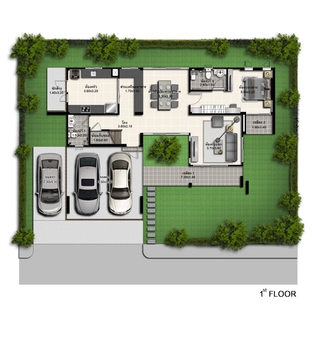 Detached House for rent in Lam Luk Ka, Pathum Thani - First-floor plan showing living spaces, bedroom, kitchen, and parking area.