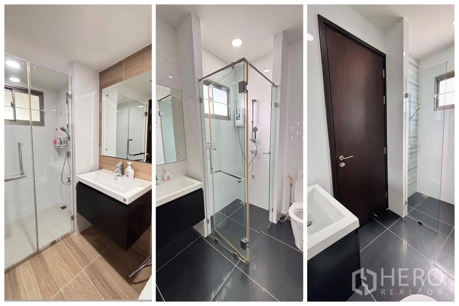 บ้านเดี่ยว for rent in Bang Phli, Samut Prakan - ห้องน้ำสไตล์โมเดิร์นพร้อมตู้กระจกกั้นอาบน้ำและอ่างล้างหน้า
