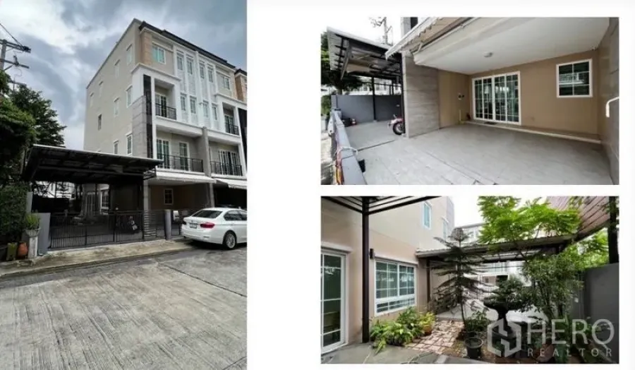 Home Office for rent - Street view of modern four-storey home office with covered parking and secure gate.