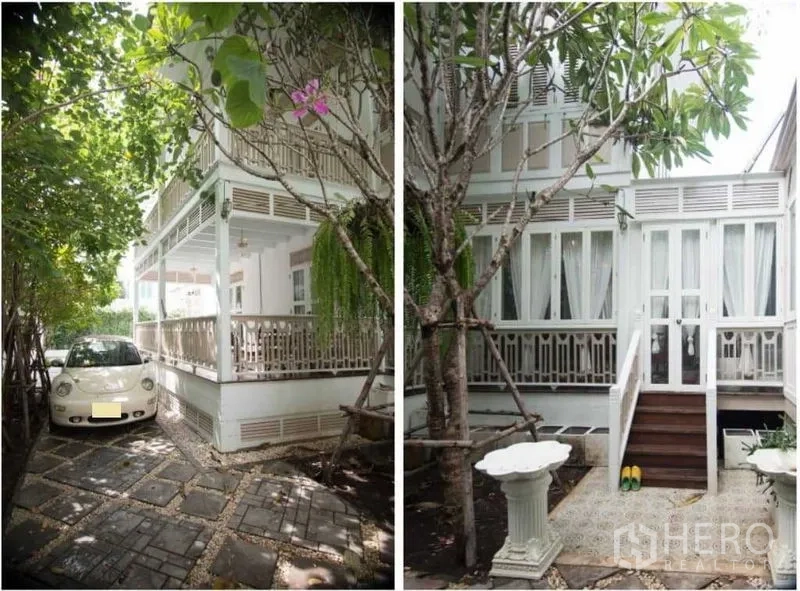 独立式住宅 出租在Bang Rak, Bangkok - 并排画面：车道与环绕露台、以及带台阶的花园庭院。