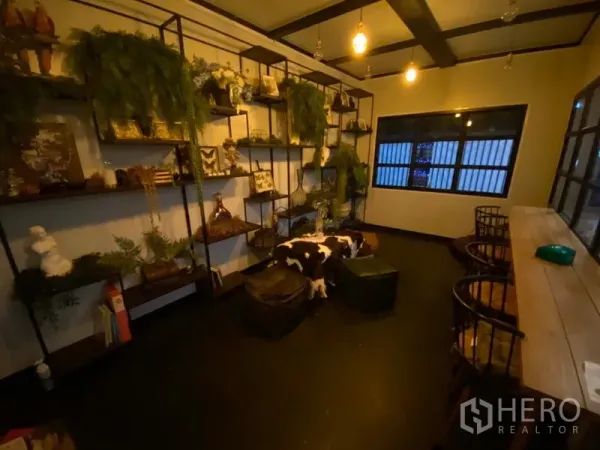 Retail Space for rent in Khlong Toei, Bangkok - Cozy room with wall-mounted open shelving, hanging plants, and a high counter seating area.