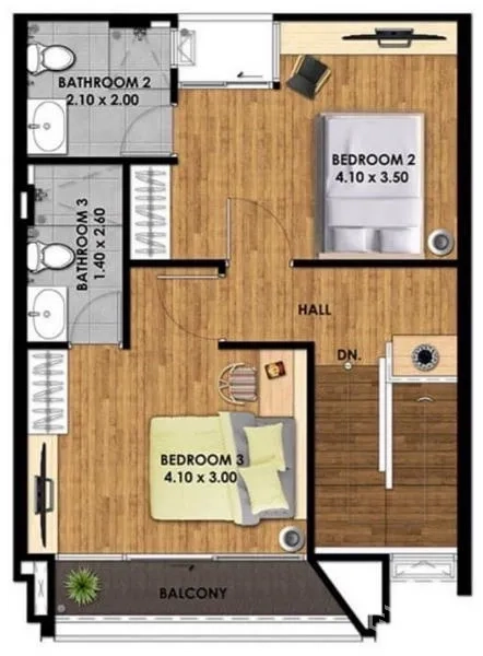 Townhouse for rent or sale in Suan Luang, Bangkok - Top-floor plan with bedrooms two and three, two bathrooms, and a balcony.