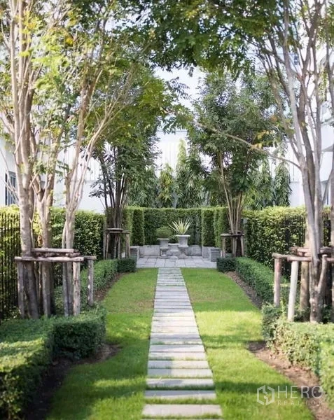 Townhouse for rent in Phra Khanong, Bangkok - Landscaped garden path lined with trees and manicured hedges.