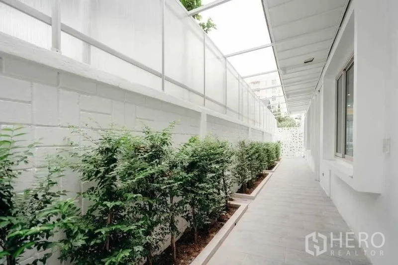 独立式住宅 出售在Watthana, Bangkok - 侧边有顶棚的步道，白墙旁设绿化花槽