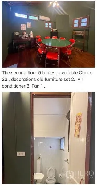 Retail Space for rent in Pathum Wan, Bangkok - Upper-floor room with tables and red chairs alongside a clean tiled restroom.