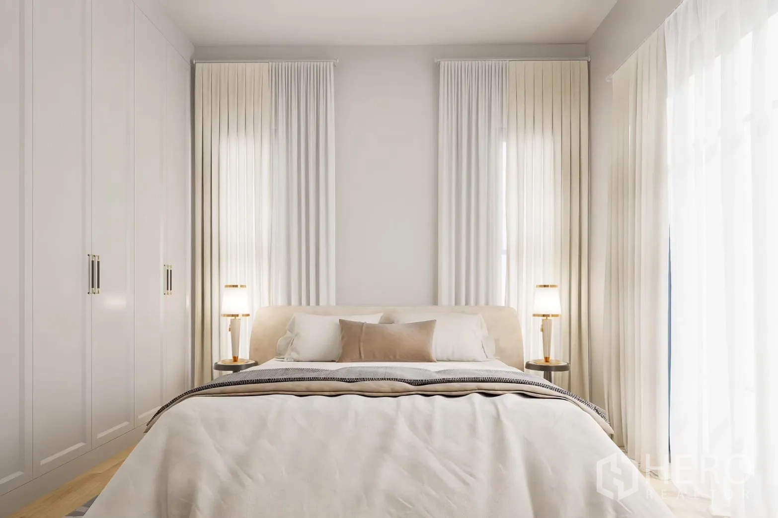 Detached House for rent in Bang Phli, Samut Prakan - Guest bedroom with full-height wardrobes and soft drapery.